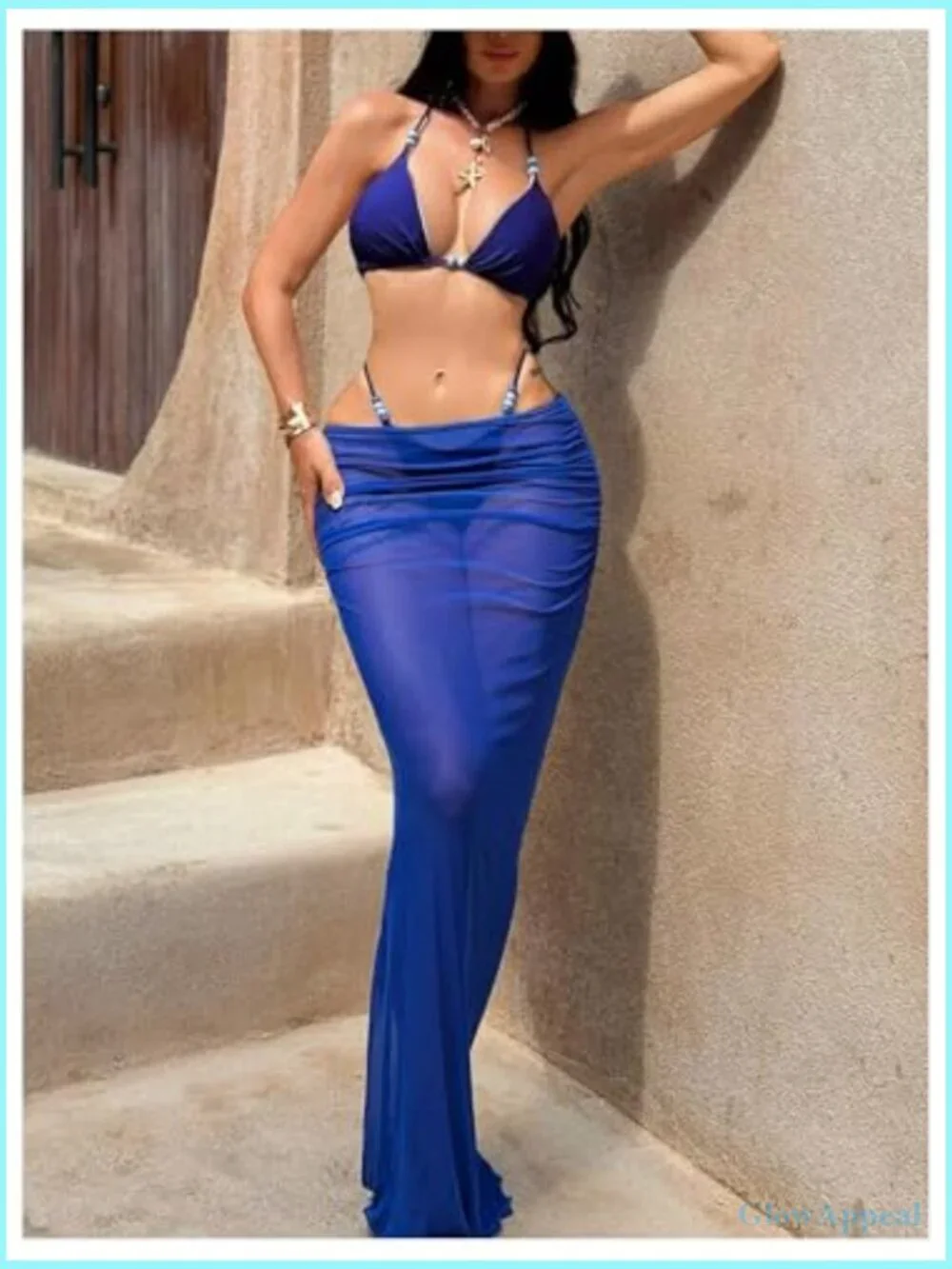 3 Piece Beaded Halter Bikini Set with Sheer Mesh Cover Up Skirts